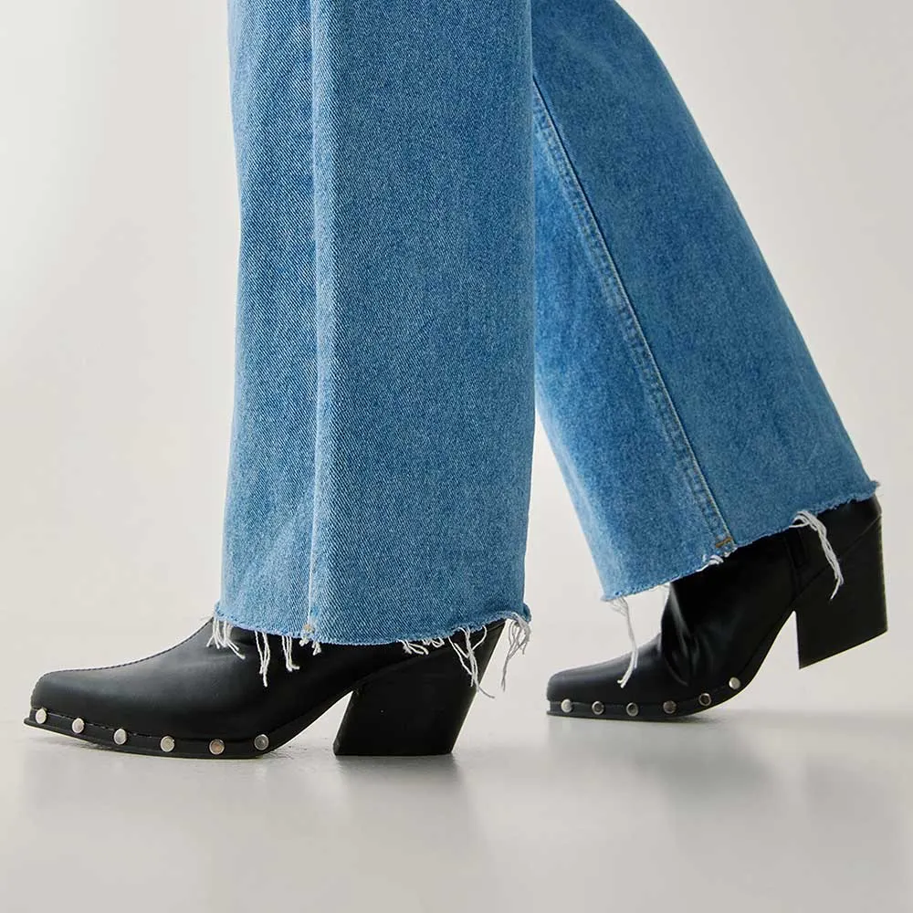 Women's Black Vegan Leather Closed Toe Studded Block Heel Ankle Boots