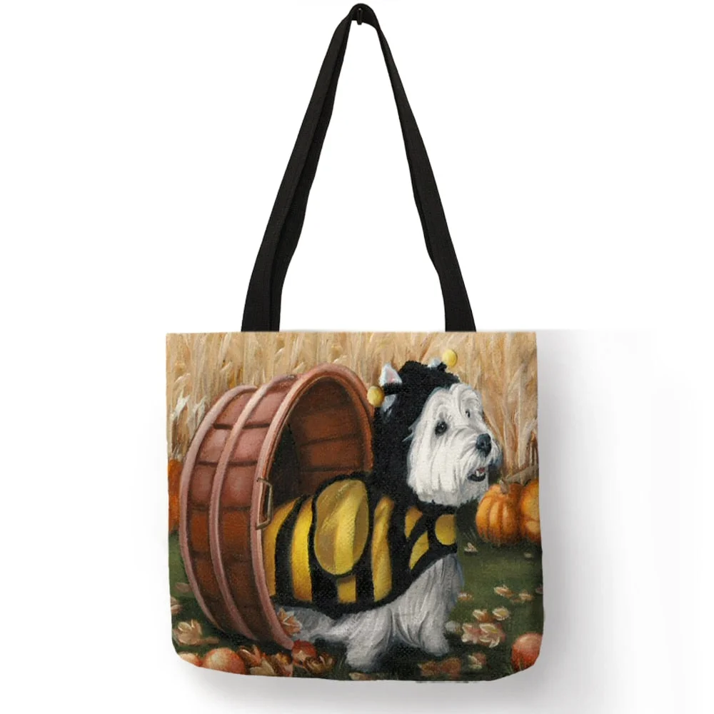 Unique Design Westie Dog Painting Square Handbag for Women Shopping  Shopper Bags Large Capacity  Eco Linen Totes