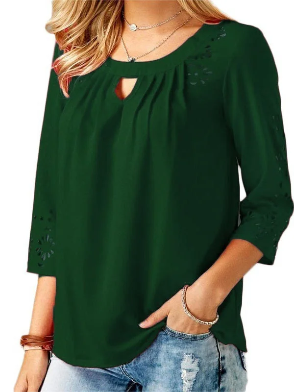 Women 3/4 Sleeve Scoop Neck Lace Hollow Tops