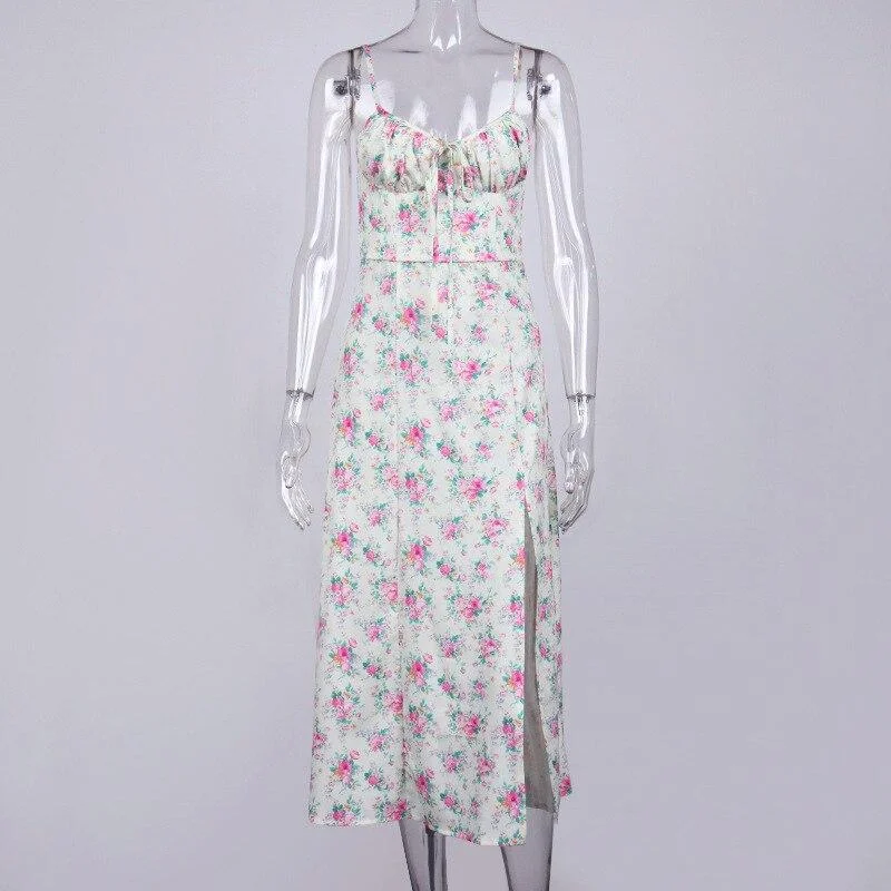Vintage Spaghetti Strap Burgundy Floral Sundress Women High Split Front Midi Dress Summer Lady Sling Strapless Dress A-Line
