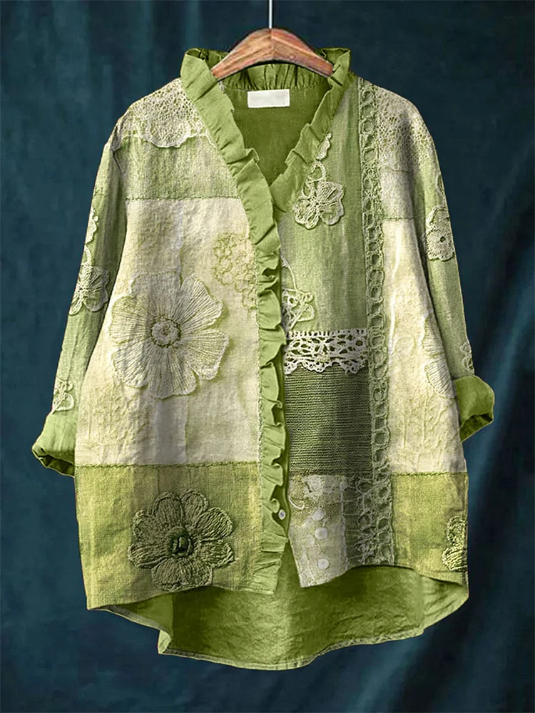 Women's Lace Vintage Art Print Casual Cotton And Linen Ruffle Shirt