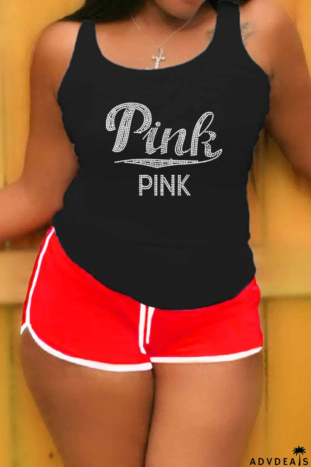 Khaki Casual Letter Hot Drill U Neck Plus Size Two Pieces