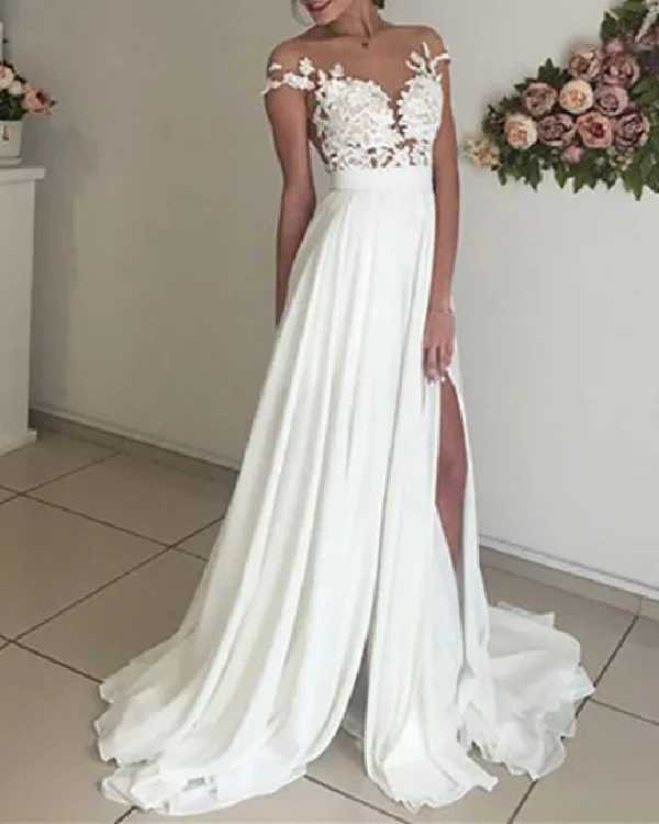 Elegant Lace Beach Wedding Dresses Sexy See Through Prom Dresses