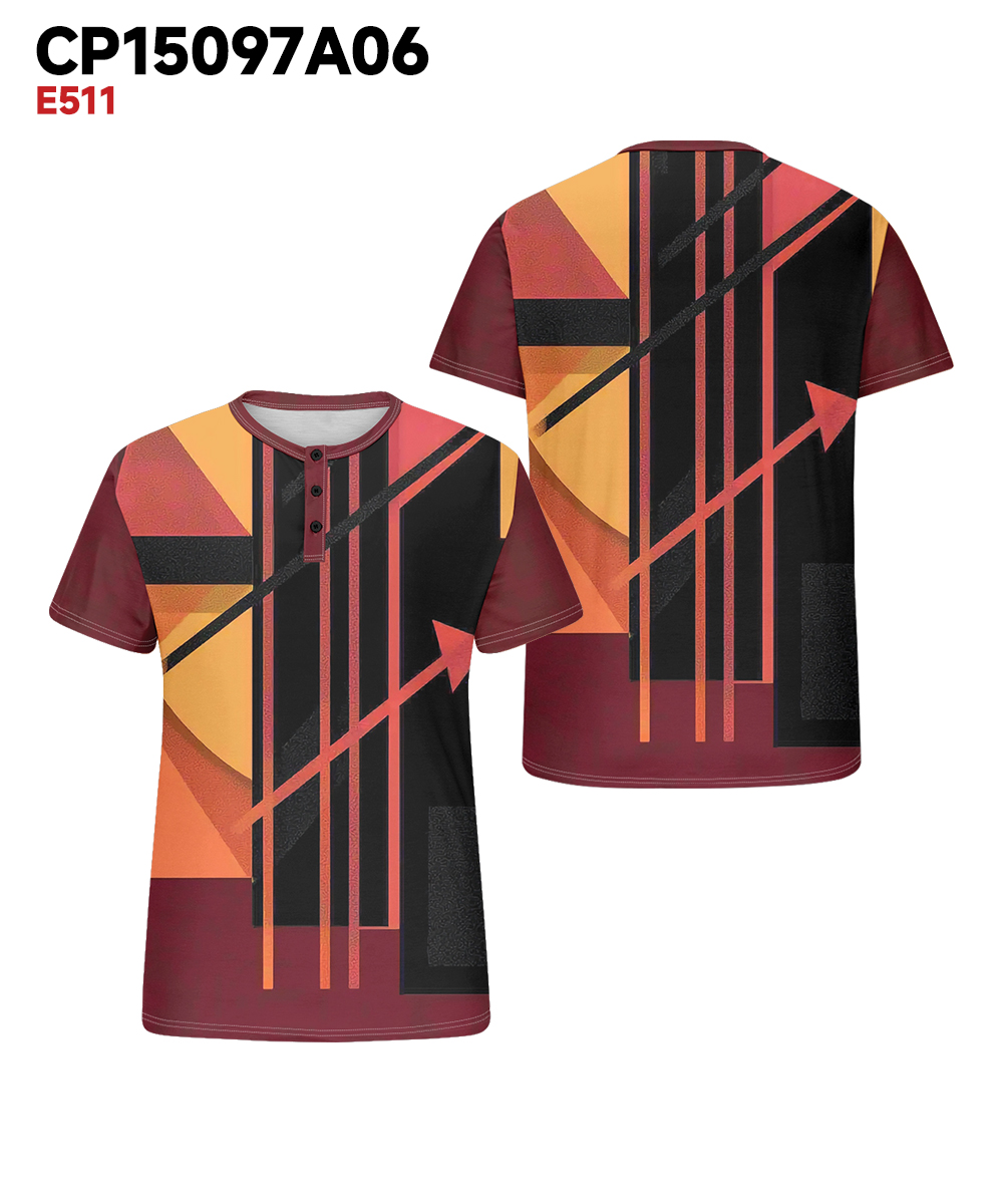 Men's Plus Size Daily Casual Black Red Orange Stitching Geometric Print Henry Collar Button Short Sleeve T-Shirt