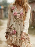 Vintage Bohemian Pink Rose Washable Round Neck Dress