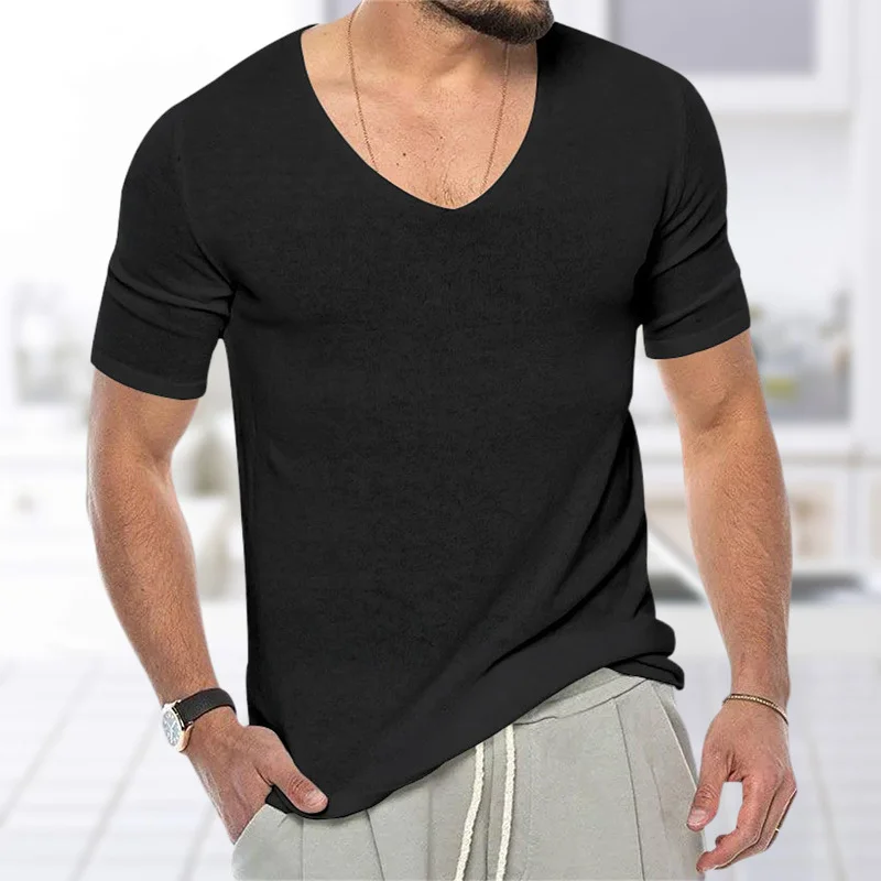 Uveng Uveng Men's Thin V-Neck Solid Knitwear Summer Short-Sleeved Knitted T-Shirt SY0049