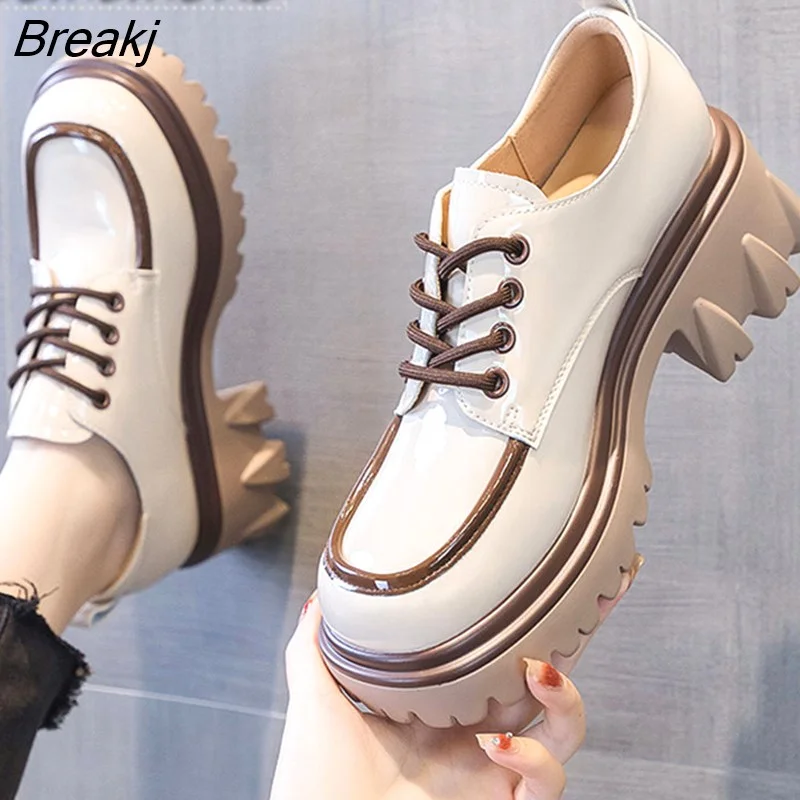 Breakj Style Chunky Platform Pumps Casual Women's 2023 Autumn Lace Up Thick Heels Loafers Woman Round Toe Patent Leather Shoes 1109-0