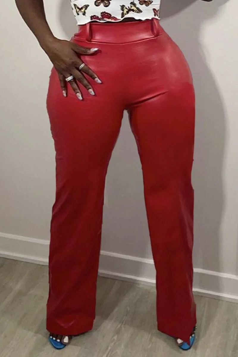 Red Solid Patchwork Straight High Waist Straight Solid Color Bottoms | EGEMISS
