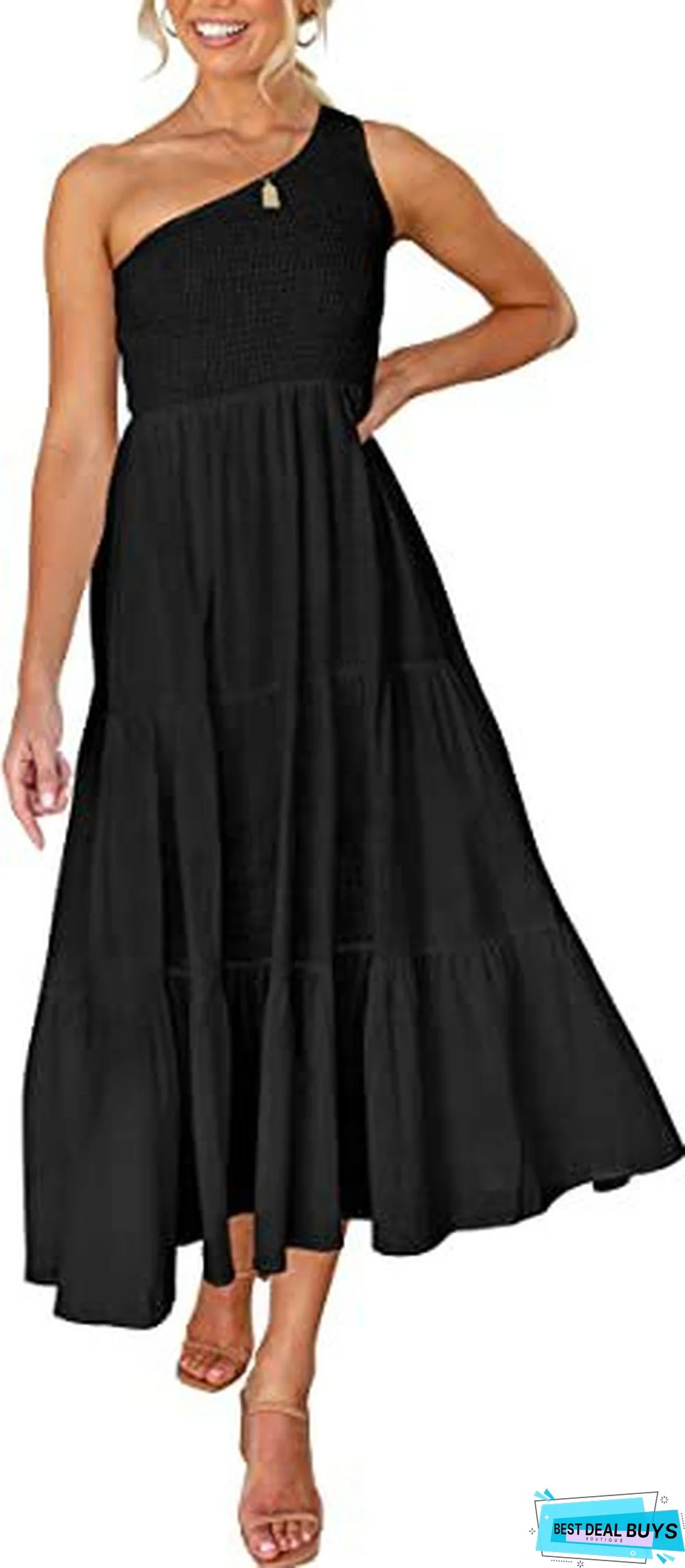 Solid Print Bohemian One Shoulder Sleeveless Dress