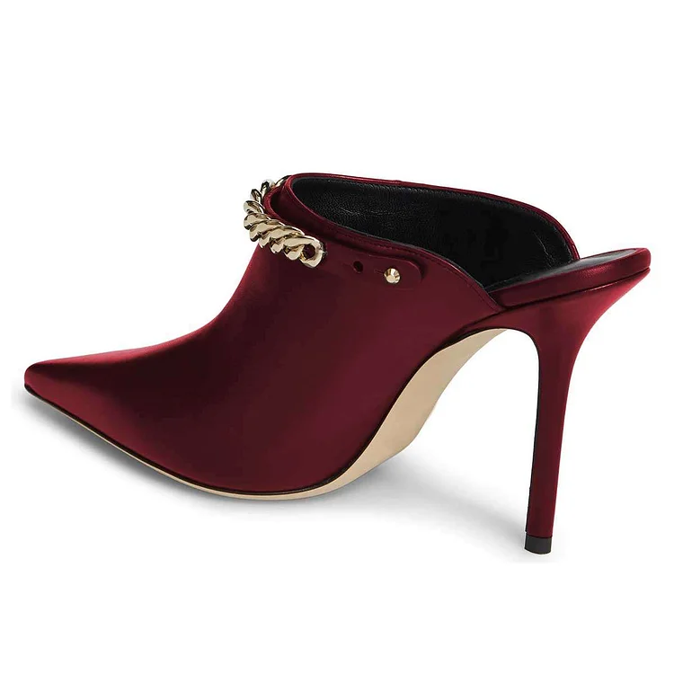 Wine Red Pointed Toe Chain Stiletto Heel Mule Heels Vdcoo