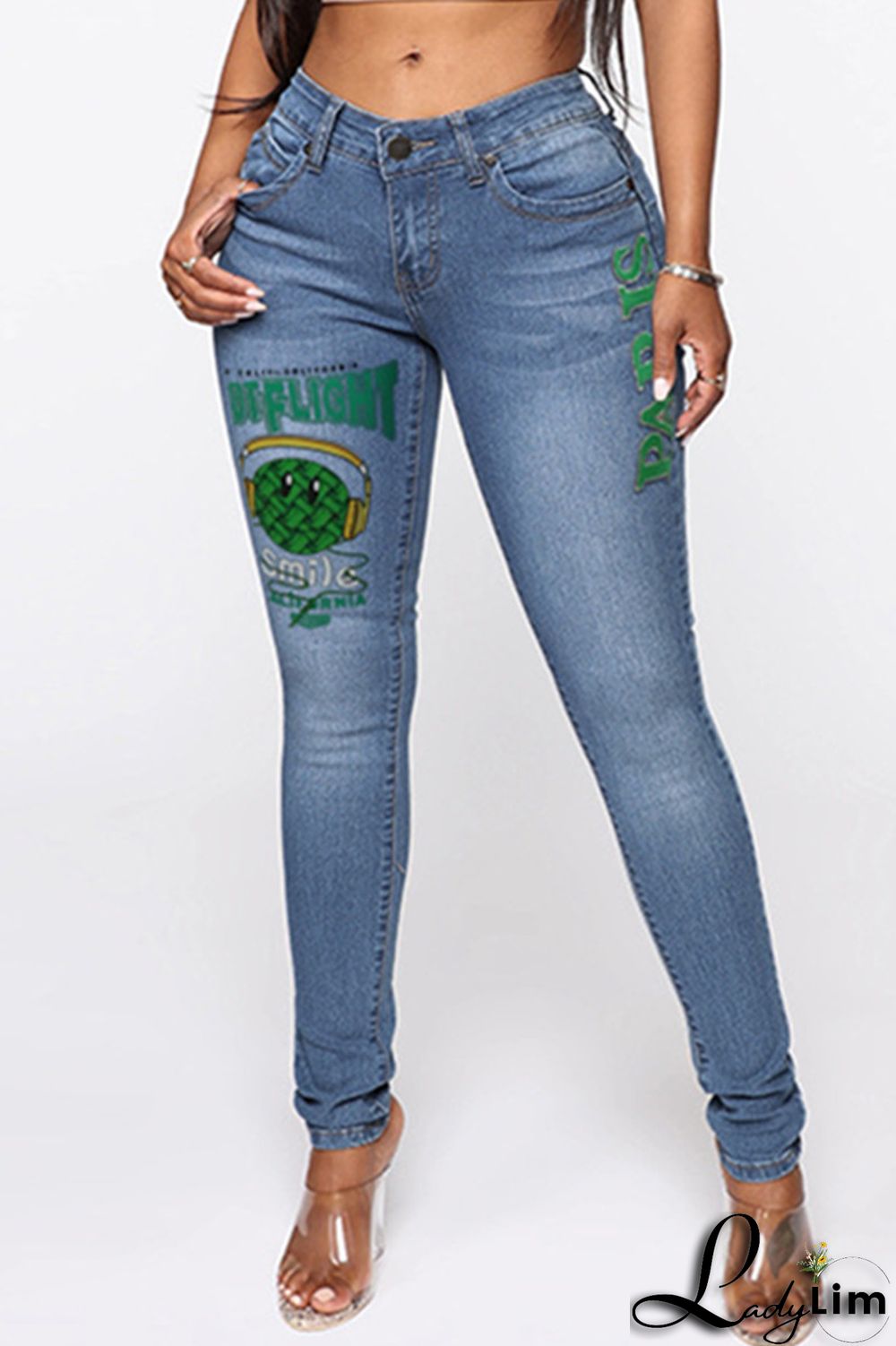 Black Fashion Casual Print Basic Mid Waist Skinny Denim Jeans