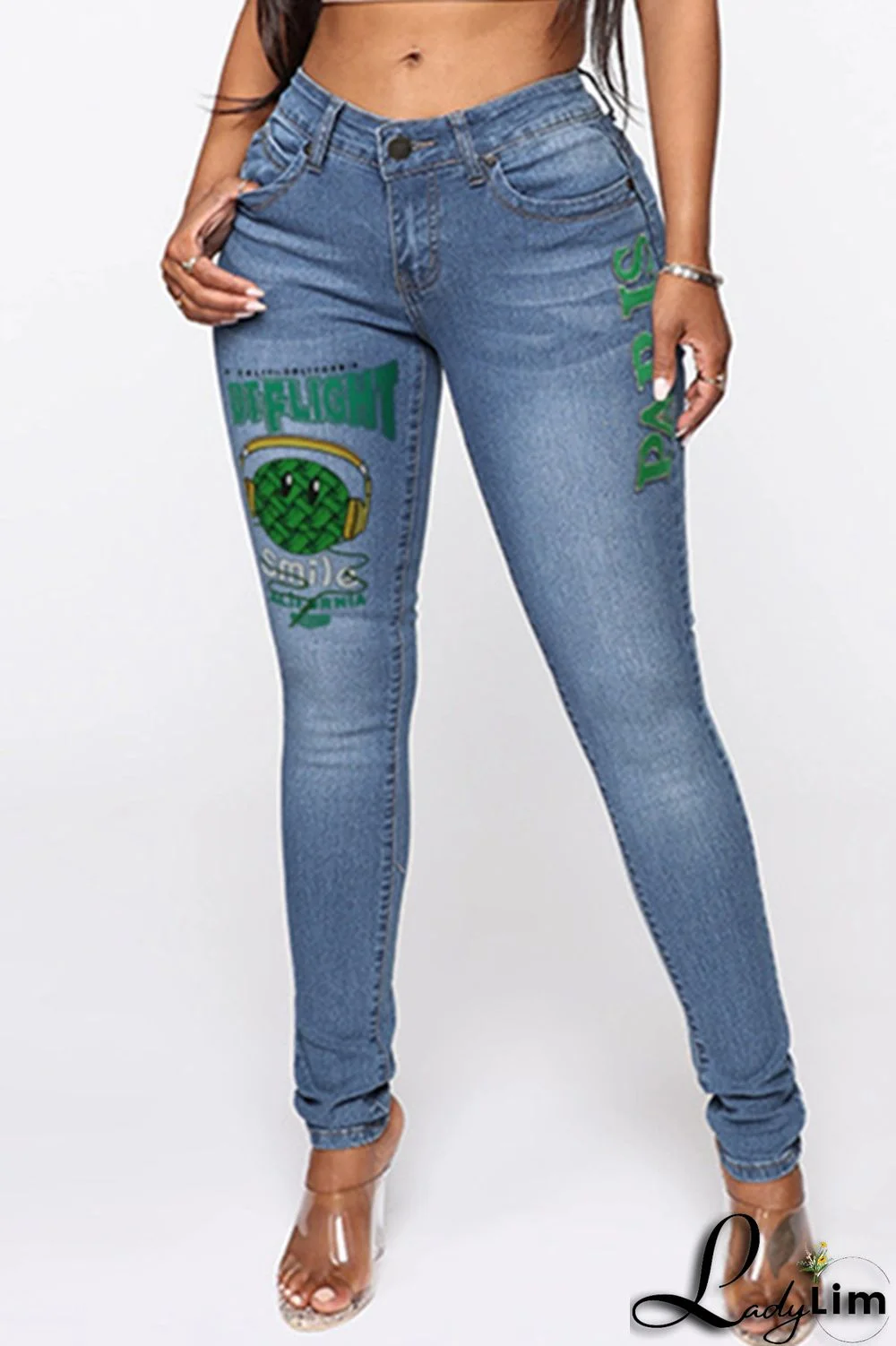 Black Fashion Casual Print Basic Mid Waist Skinny Denim Jeans