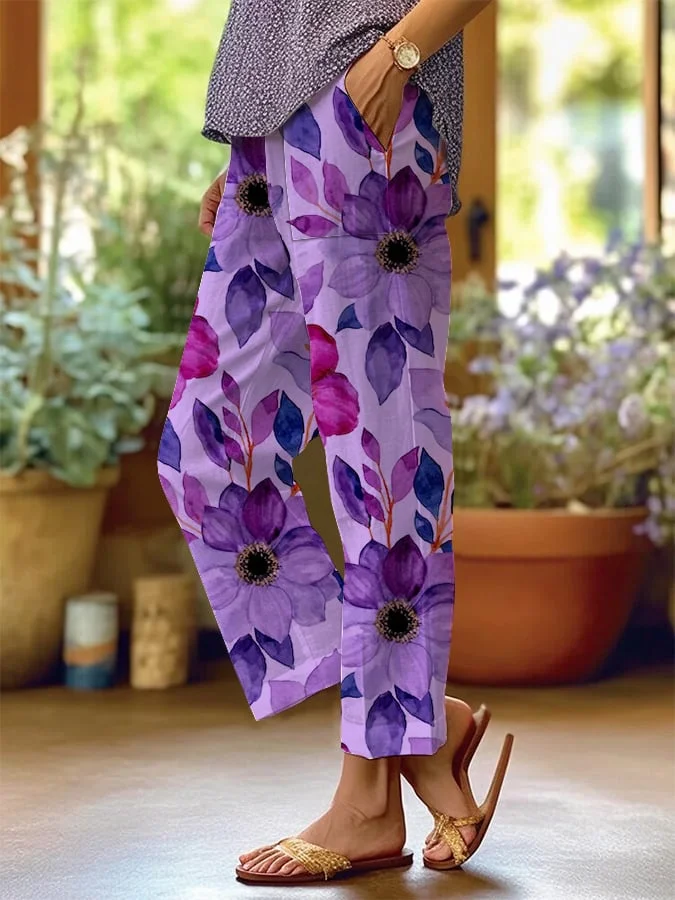 Women's Art Floral Loose Casual Pants (With Pockets)