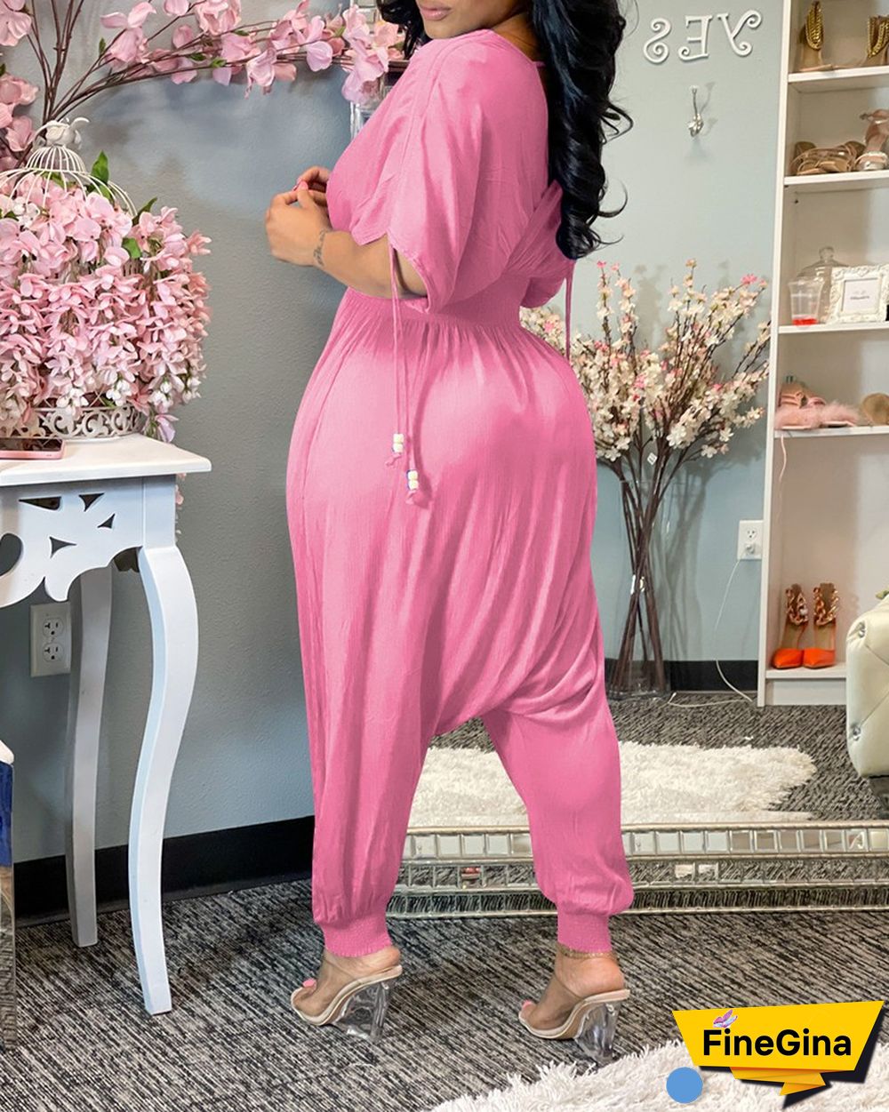 Shirred Short Sleeve Ruched Harem Jumpsuit