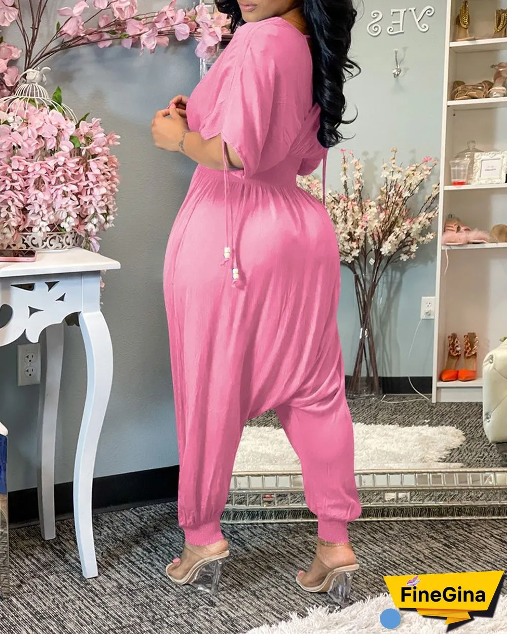 Shirred Short Sleeve Ruched Harem Jumpsuit