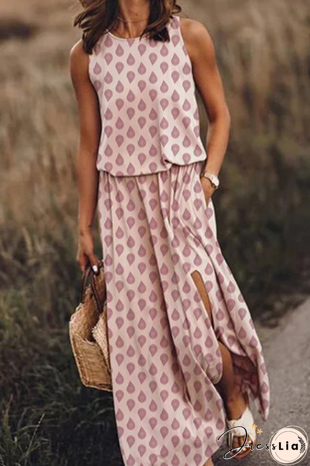 Casual Print Slit O Neck Sleeveless Two Pieces(3 Colors)