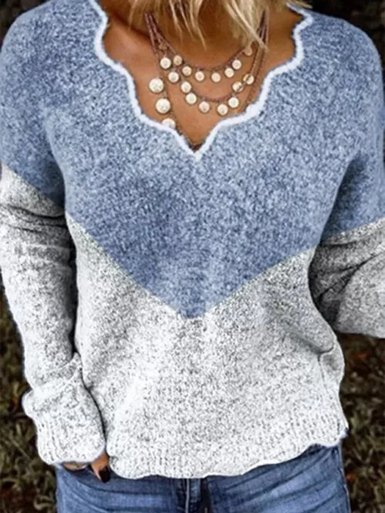V-Neckline Color Block Casual Loose Regular Shift Sweaters
