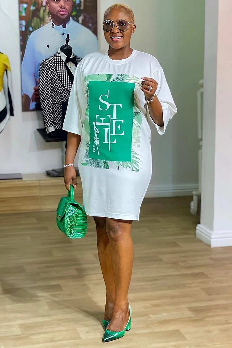 Letter Print Round Neck Half Sleeve Casual T-Shirt Mini Dress