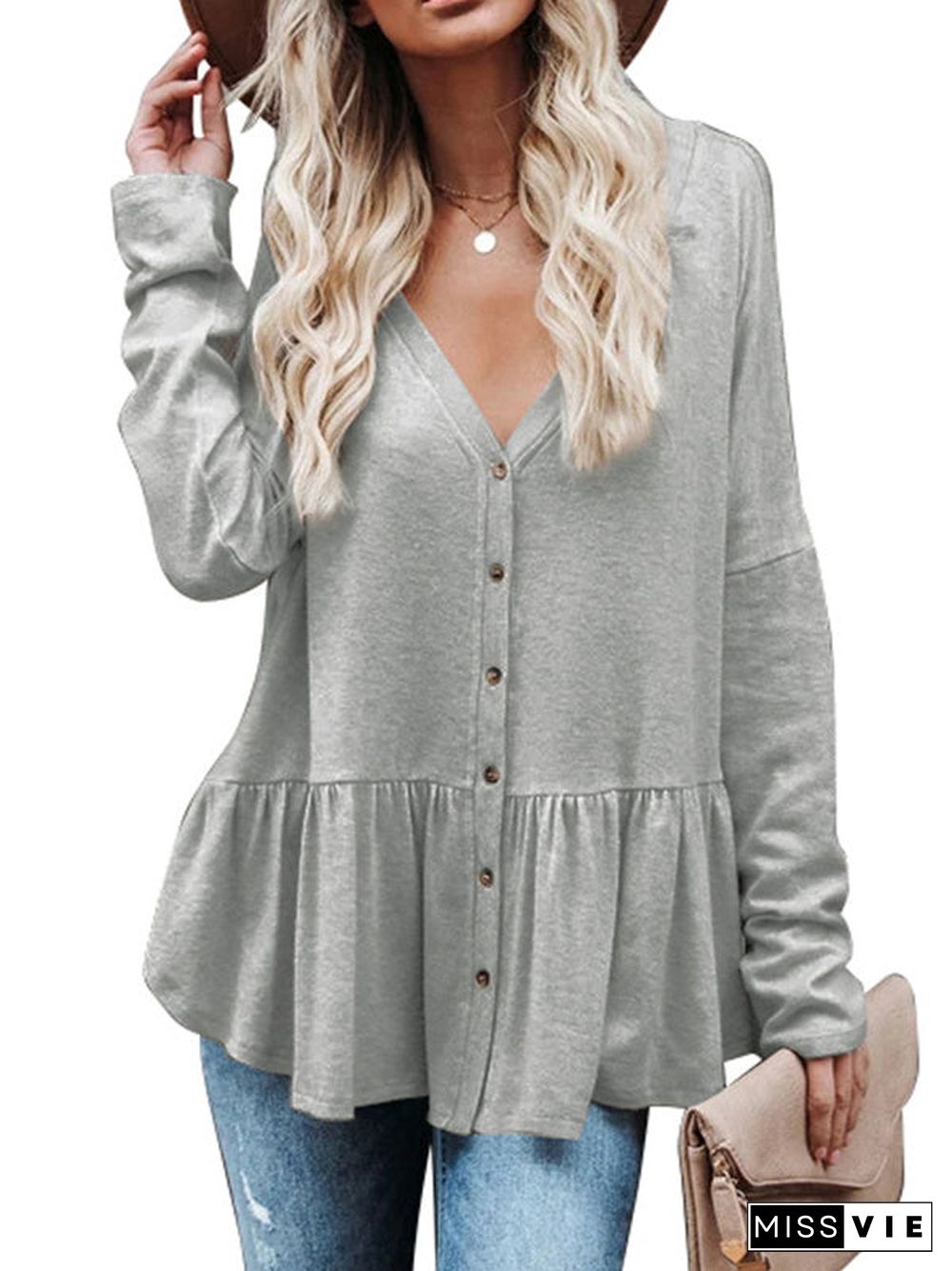 Women's Long Sleeve V-neck Pleats Casuals Shirt