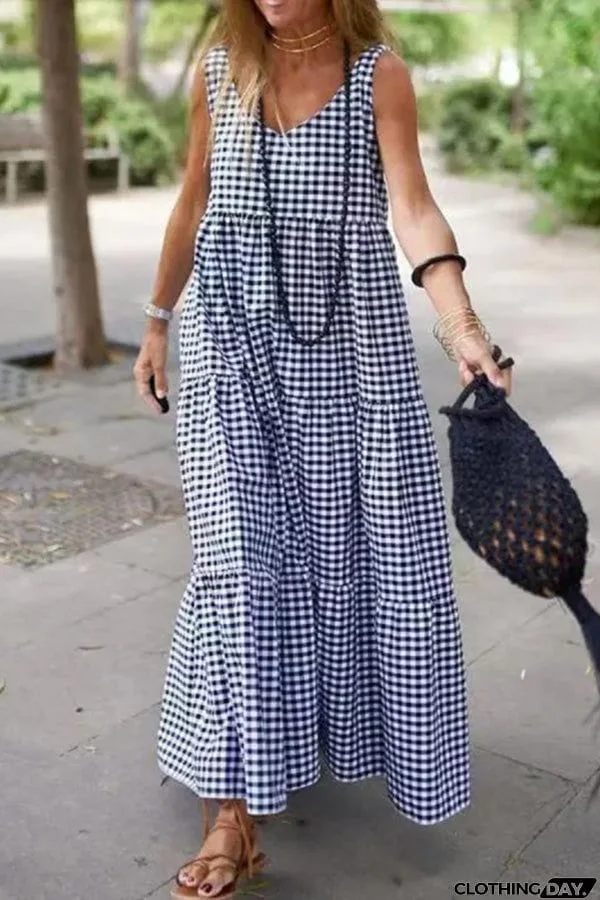 Cotton And Linen Plaid Loose Maxi Dress