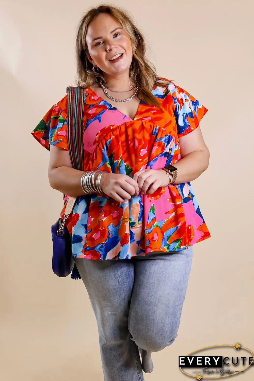 Red Abstract Floral Print V Neck Plus Blouse