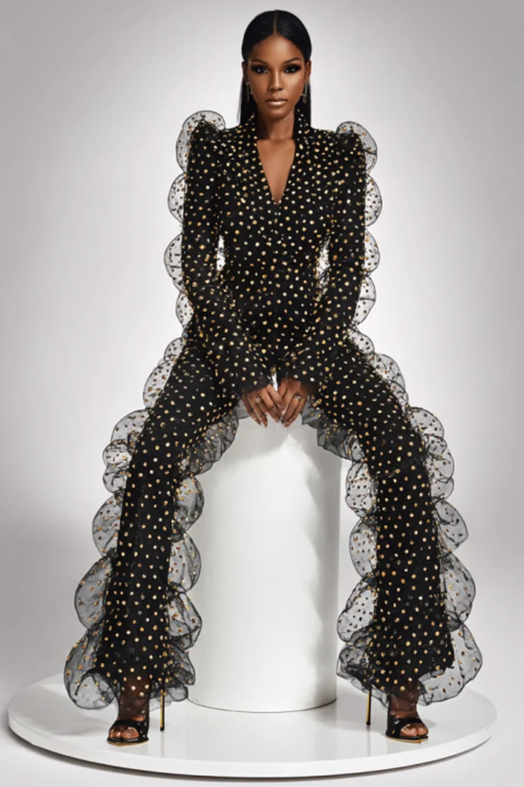 Formal Rhinestone Embellished Ruffle Trim Jumpsuit-Black [Pre-Order]