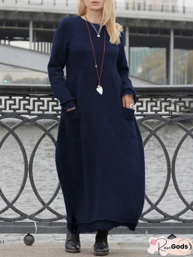 Gray Crew Neck Cotton Casual Knitting Dress