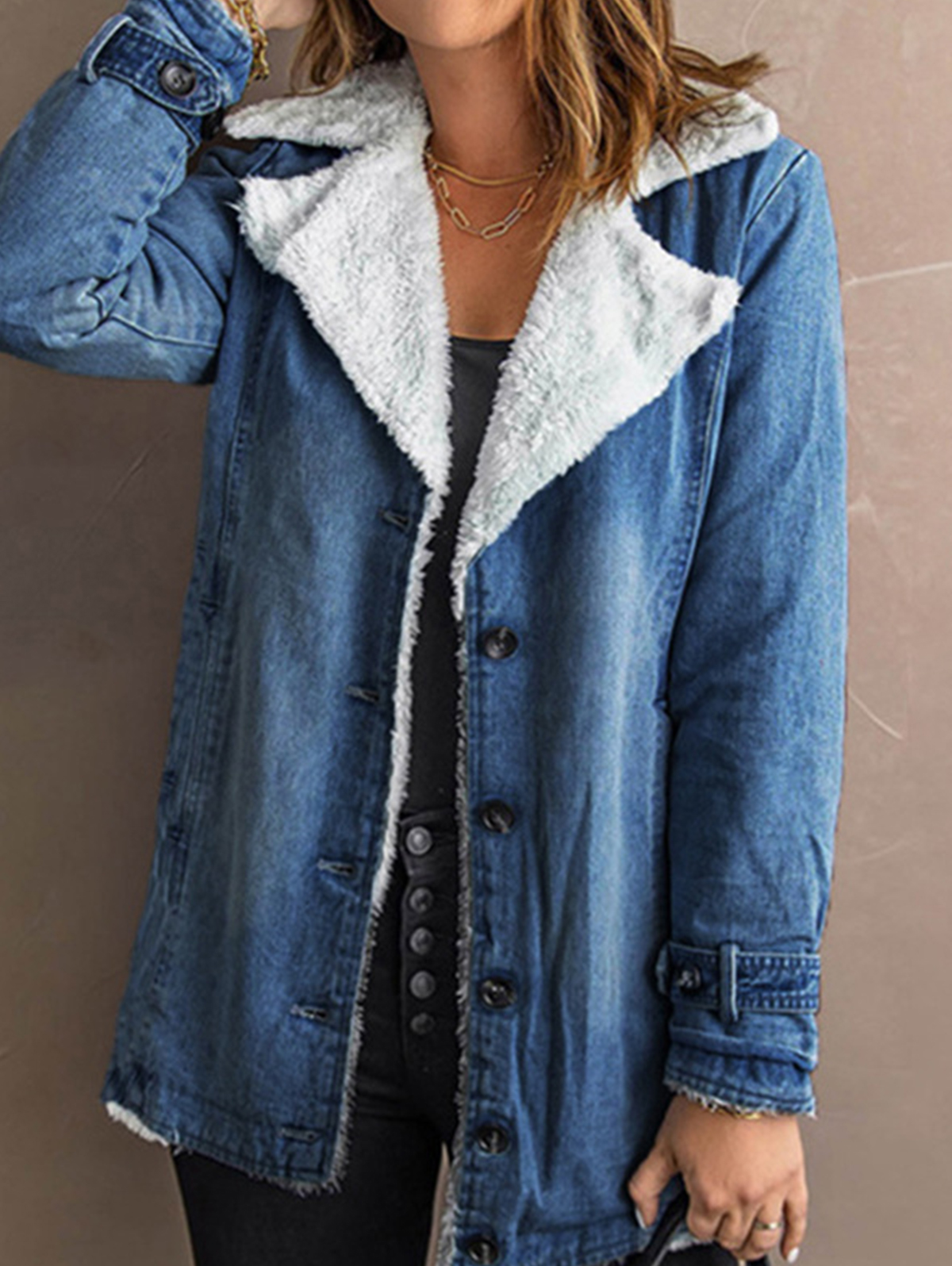 Casual Lapel Collar Button Long Sleeve Fleece-Lined Denim Coat