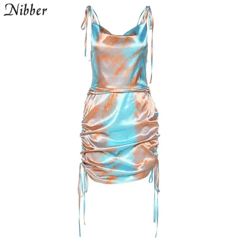 Nibber boho Retro Colorful print high quality Silk dress women Elegant casual streetwear summer ladies tassel bodycon mini dress
