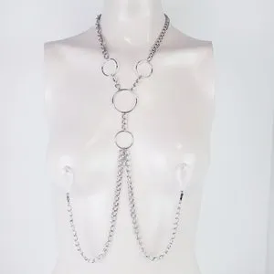 pornhint Pornhint Sexy Circle Chain Necklace with attached nipple nooses or nipple clamps. Mature,  Kinky gift for submissive or Domme or Submissive, BDSM
