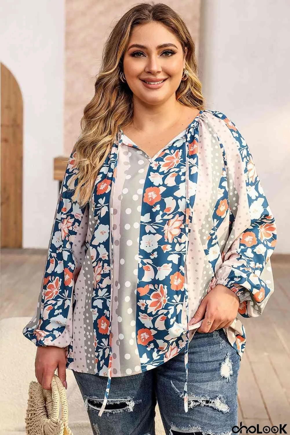Plus Size Floral Tie Neck Blouse