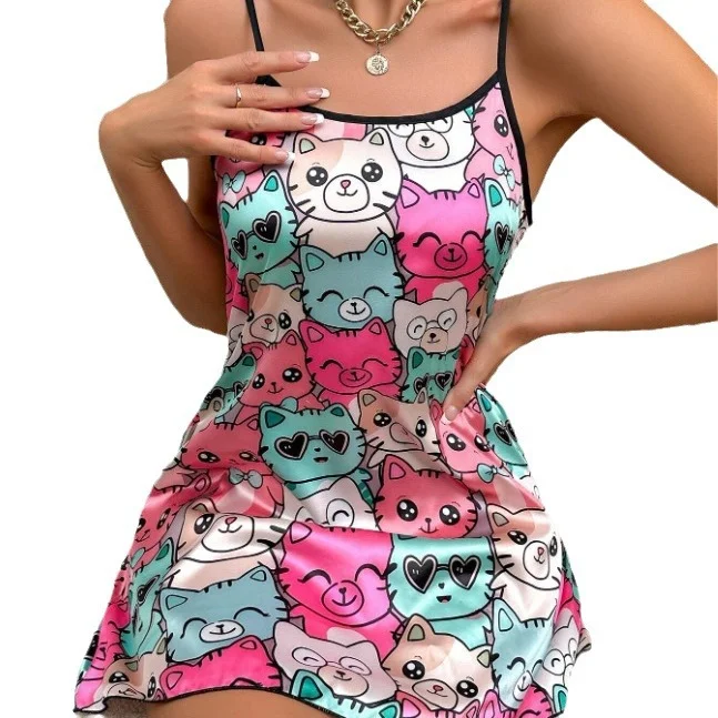 Brownm Bare-Back Ice Silk Halter Skirt Imitation Silk Nightskirt Summer Printed Pajamas Short Skirt Women's Household Clothes