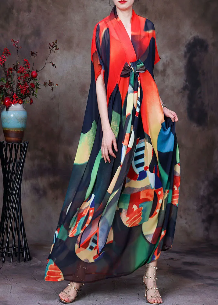 Plus Size Red Print Asymmetrical Design chiffon beach dress spaghetti strap two pieces set