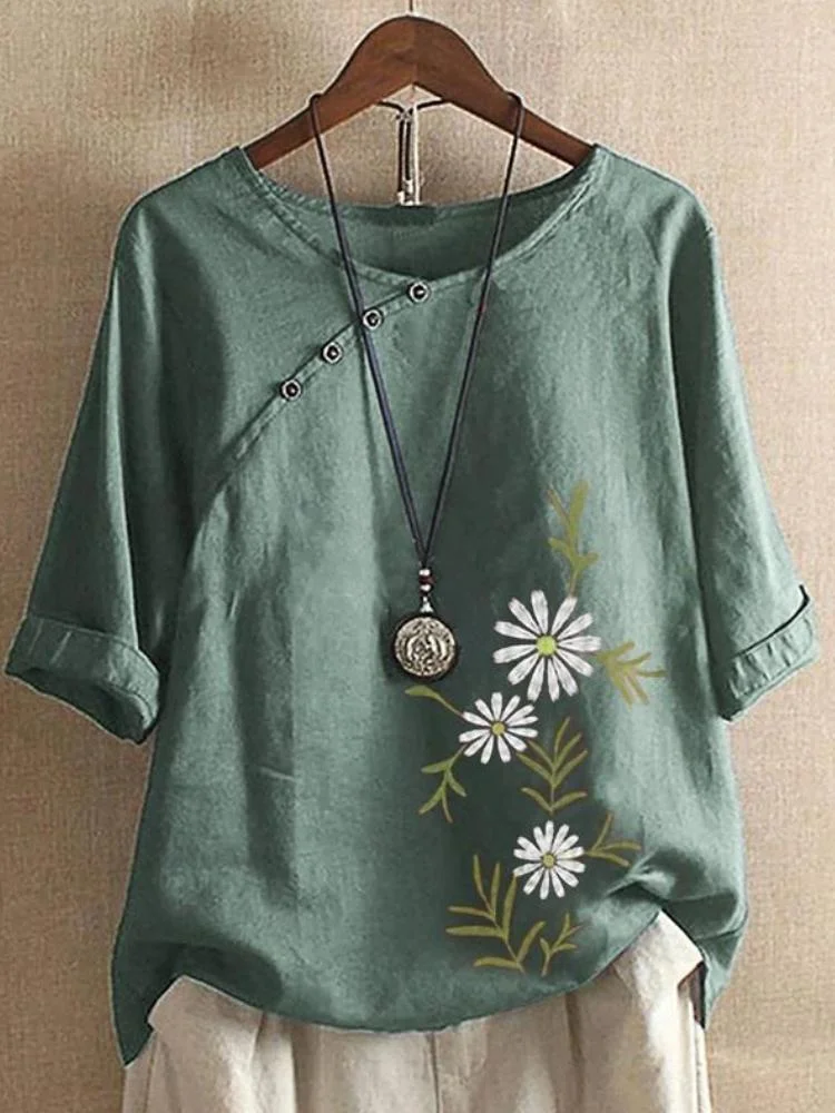Women's Floral Print Cotton And Linen Tops Blouse Shirt