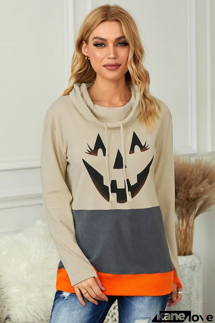 Gray Cowl Neck Pumpkin Print Color Block Halloween Sweatshirt