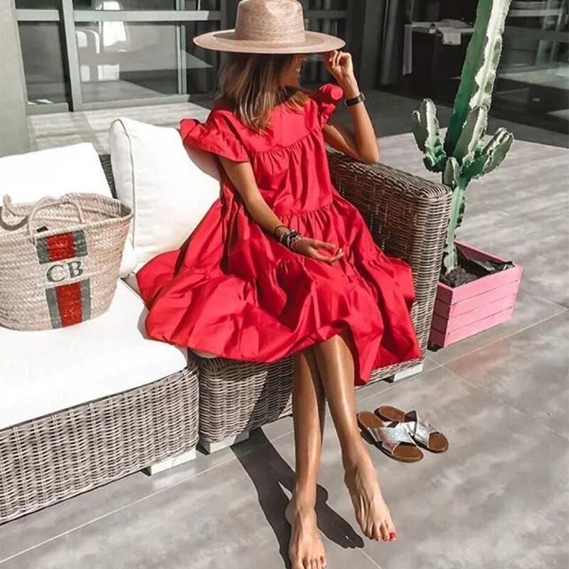 Women Summer Dress 2021 Casual Loose Short Sleeve Party Dresses Sweet O Neck Ruffled A Line Female Robe Dress Plus Size Vestidos