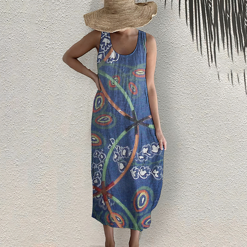 Comstylish Vintage Japanese Art Print Sleeveless Midi Dress