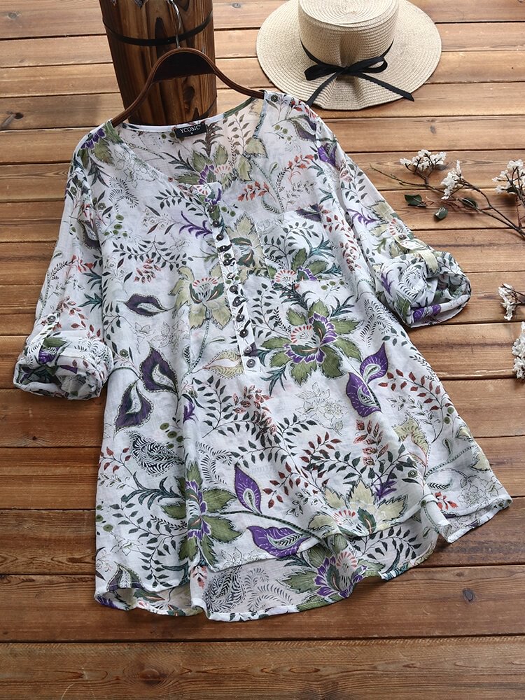 Vintage Floral Printed Button O Neck Blouse With Pocket P1654990