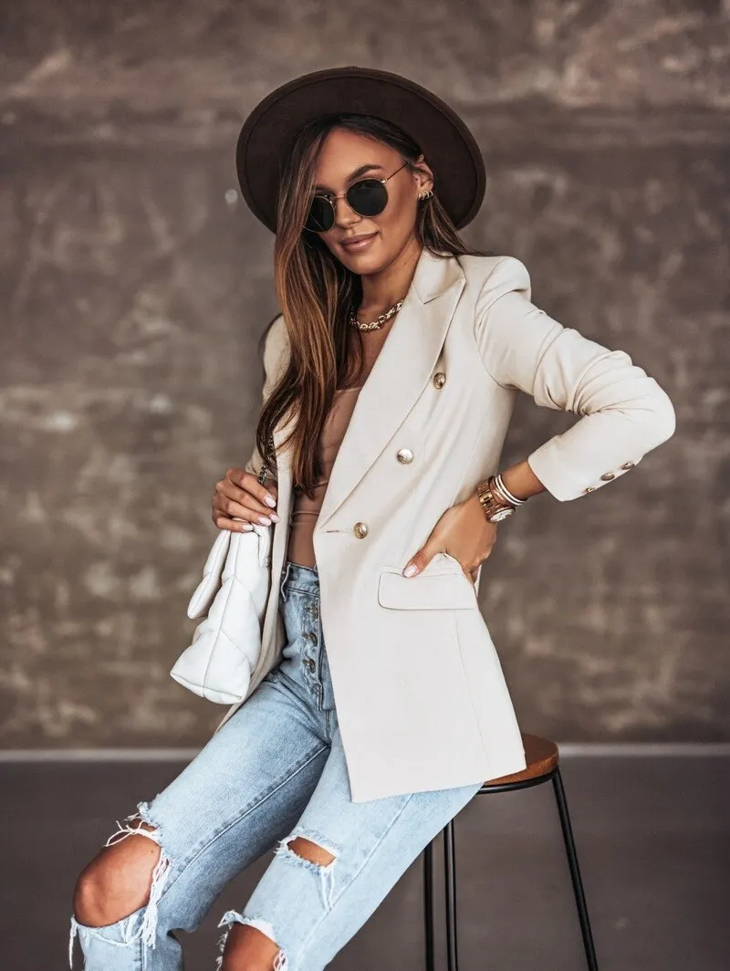 Autumn Winter 2021 New Women Fashion White Black Blazers and Jackets Chic Button Office Suit Coat Ladies Elegant Outwear 17880