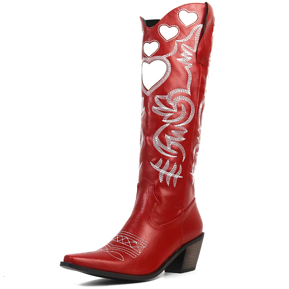 Qengg Cowboy Wesetrn Boots For Women 2022 Heart Pointed Toe Floral Embroidery Chunky Heel Knee High Vintage Riding Boots