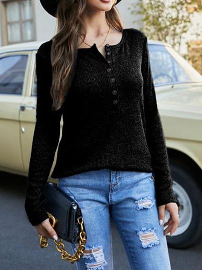 Women Long Sleeve Scoop Neck Button Colorblock Top