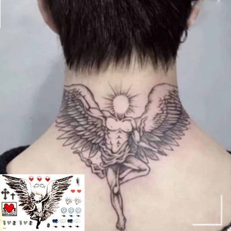 Gingf Series Wing Angel Neck Temporary Tattoo Sticker Cross Fake Tattoo Skull Monster Cat Body Art Waterproof Flower Tattoo Hot