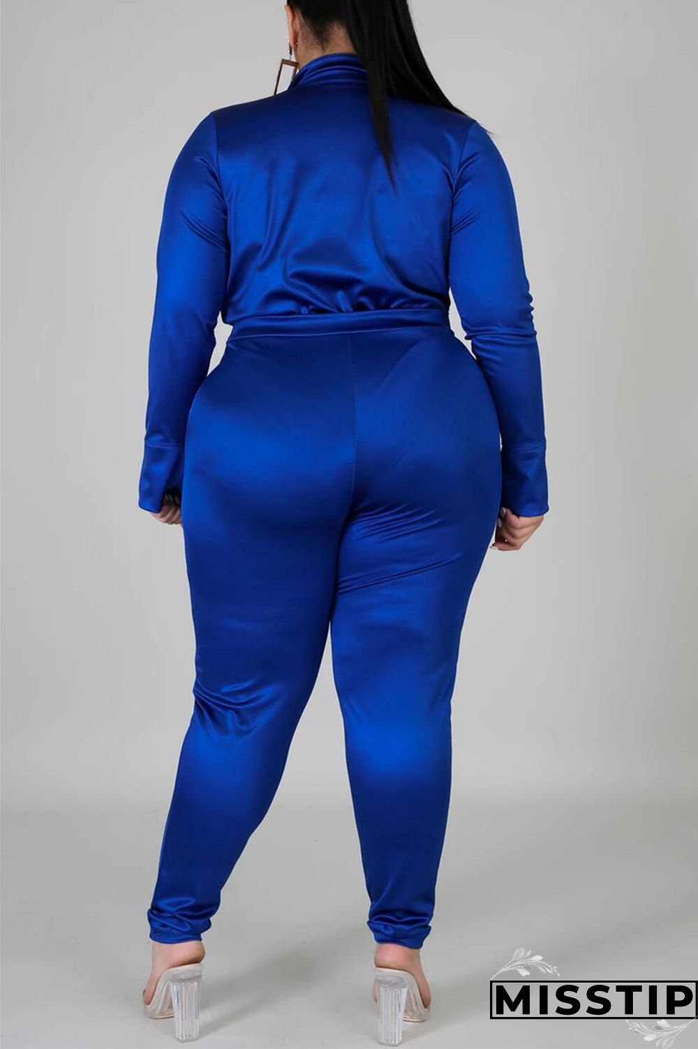 Blue Fashion Casual Solid Basic Turtleneck Plus Size Set