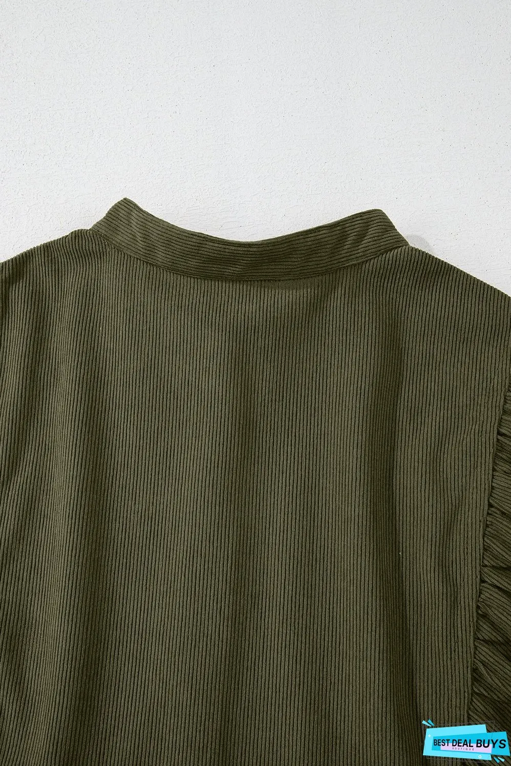 Vineyard Green Corduroy Snap Buttons Empire Waist Bracelet Sleeve Dress
