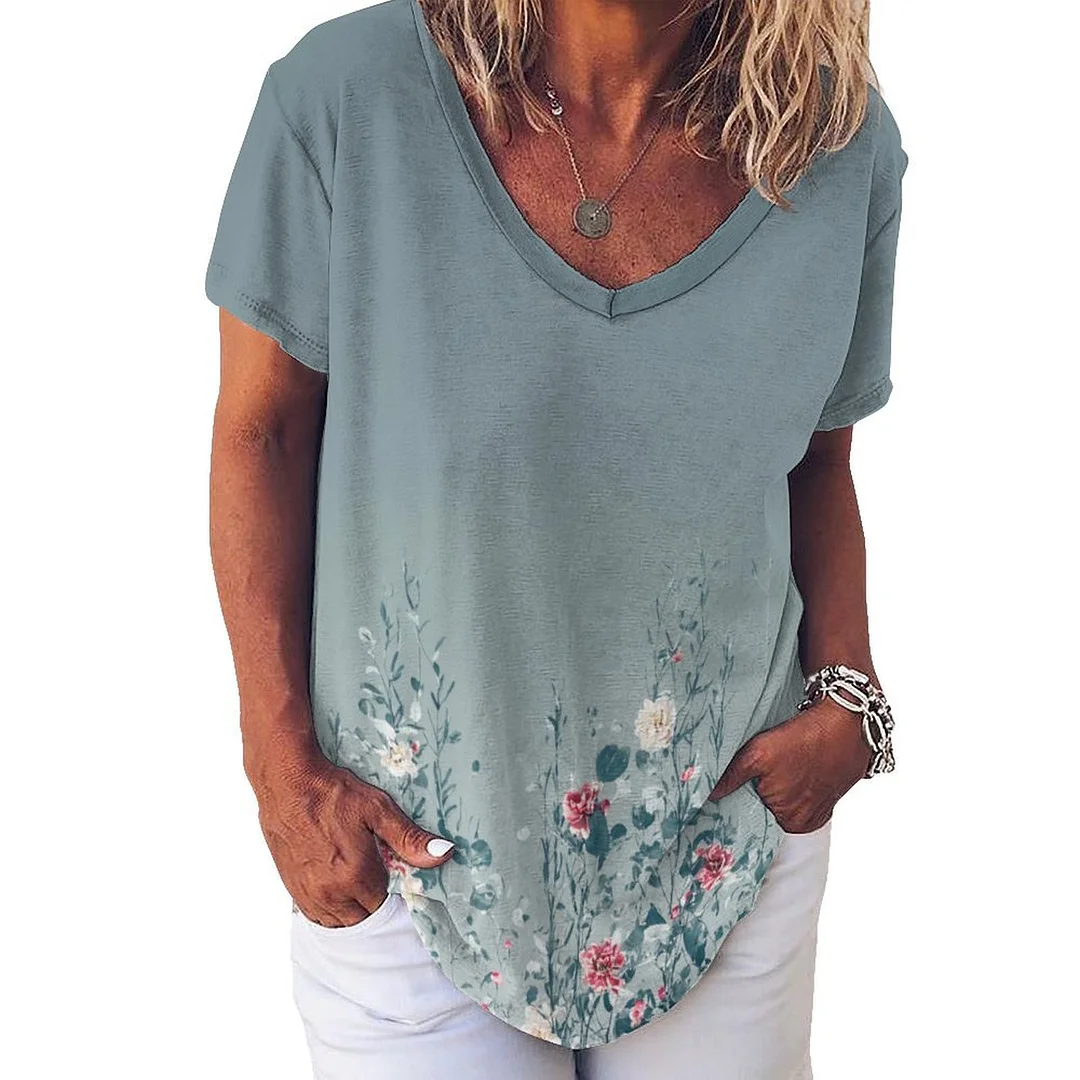 V-neck Short Sleeve Casual T-shirt for  Women Printed with Pattern Floral, Green, Red