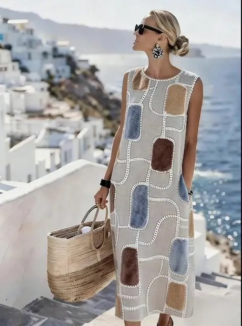 Women's Round Neck Sleeveless Color-Block Printed Dress
