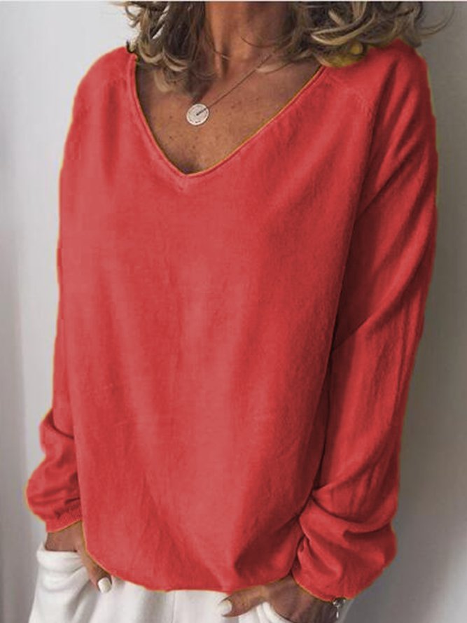 Cotton-Blend Long Sleeve V Neck Shirts & Tops