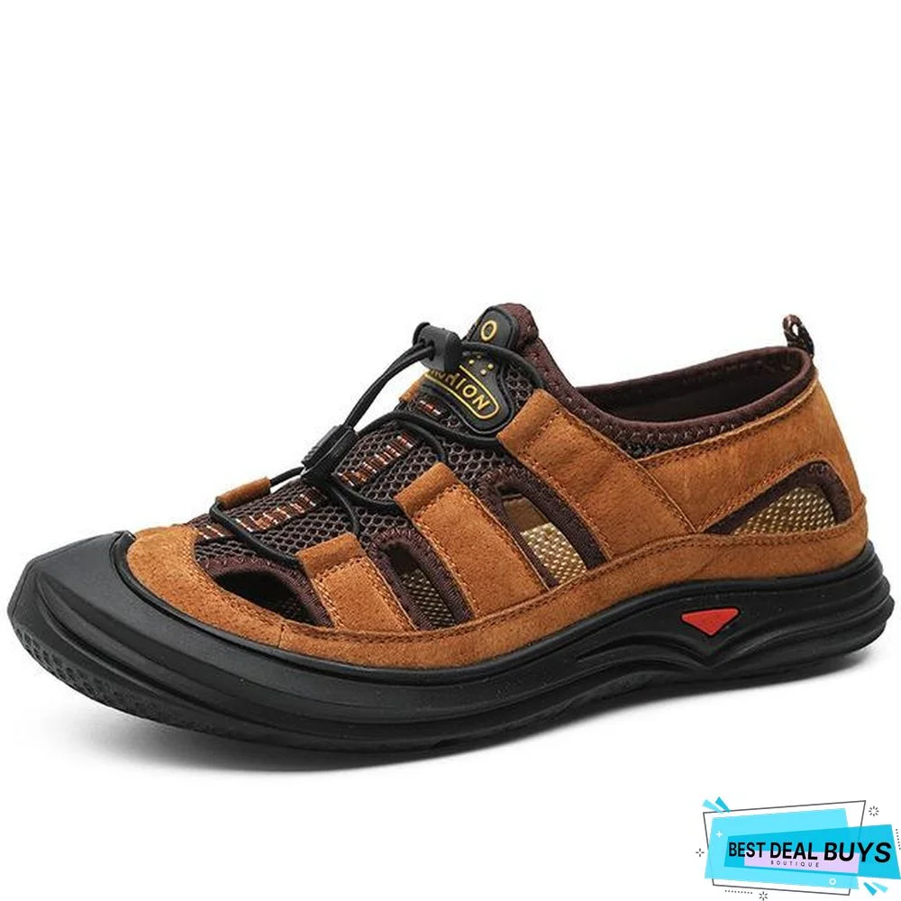 Men Leather Mesh Outdoor Sandals Summer Breathable Beach Shoes