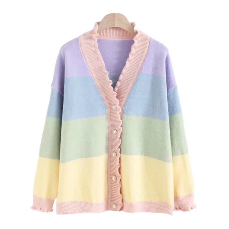  Rainbow Cardigan Sweater Girls Pastel Kawaii Aesthetic Knitted Jacket Novameme