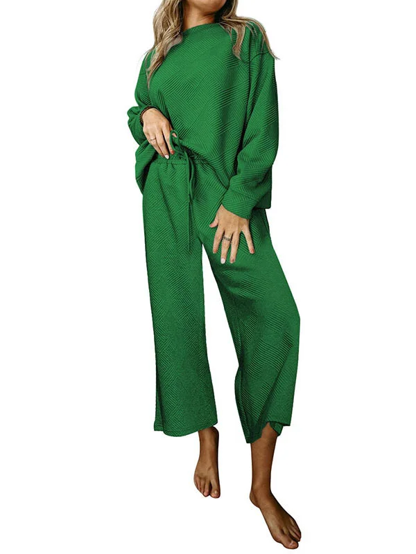 Solid Color Long Sleeves Loose Round-Neck Shirts Top + Drawstring Pants Bottom Two Pieces Set